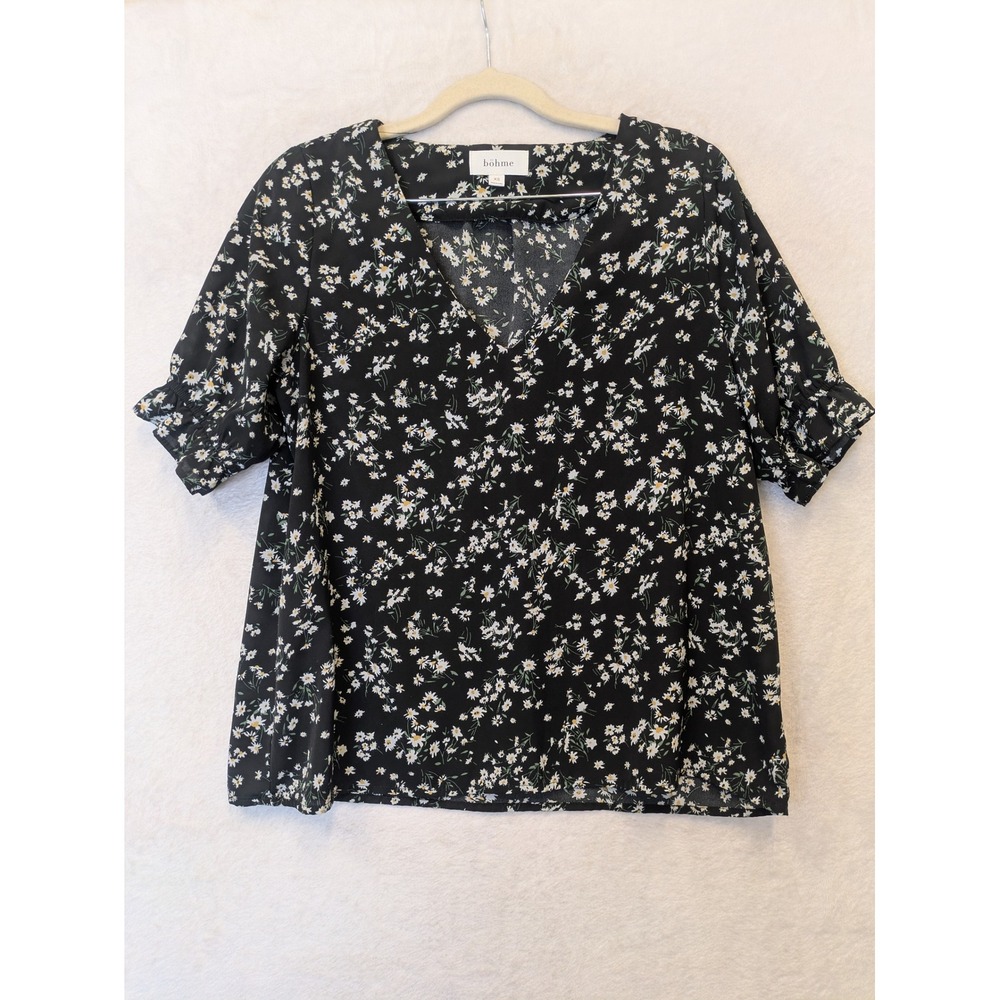 Bohme Women's Size XS Black Floral Daisy Print Blouse V Neck‎ Short Sleeve